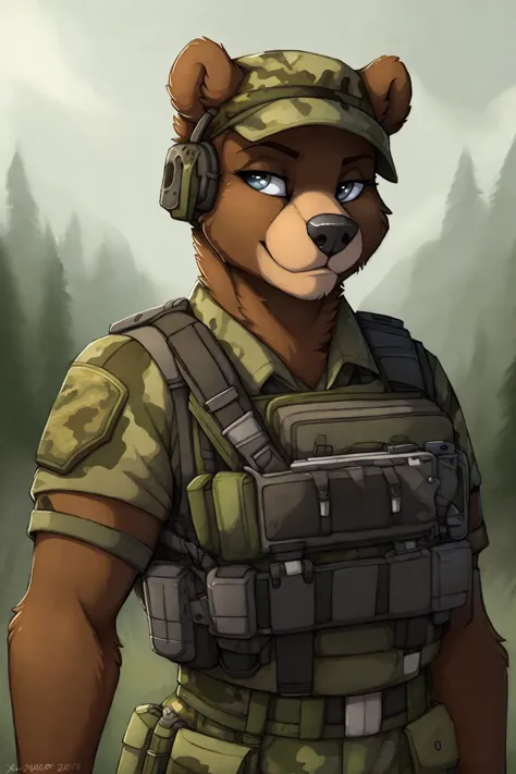 subido en e621, por jay naylor,  por xenoforge, por honovy, retrato de cintura para arriba, solo, oso antro macho, (uniforme militar, auriculares militares, plataforma de pecho, chaleco armadura, ropa táctica, camuflaje), ((Operativo PMC)), (sosteniendo un rifle de asalto, aK-12,) solo, desierto, sonrisa confiada, Tarkov, B.Y.a.r. Operativo PMC, HD, hdr, 4k,  