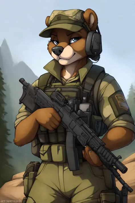 uploaded on e621, by Jay Naylor,  by Xenoforge, by honovy, waist up portrait, solo, anthro bear male, (military uniform, militar...