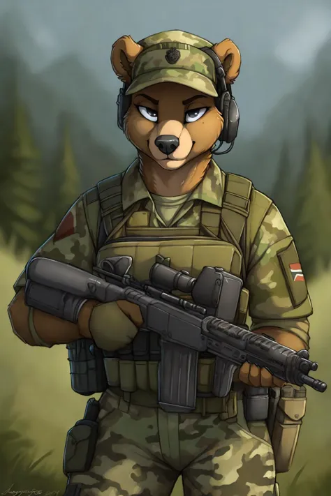 uploaded on e621, by Jay Naylor,  by Xenoforge, by honovy, waist up portrait, solo, anthro bear male, (military uniform, military headset, chest rig, armor vest, tactical clothing, camo), ((PMC operative)), (holding an assault rifle, AK-12,) solo, wilderne...