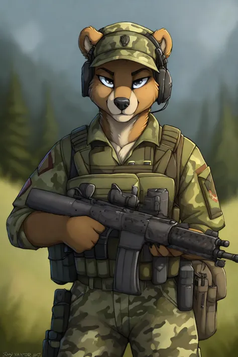uploaded on e621, by Jay Naylor,  by Xenoforge, by honovy, waist up portrait, solo, anthro bear male, (military uniform, military headset, chest rig, armor vest, tactical clothing, camo), ((PMC operative)), (holding an assault rifle, AK-12,) solo, wilderne...