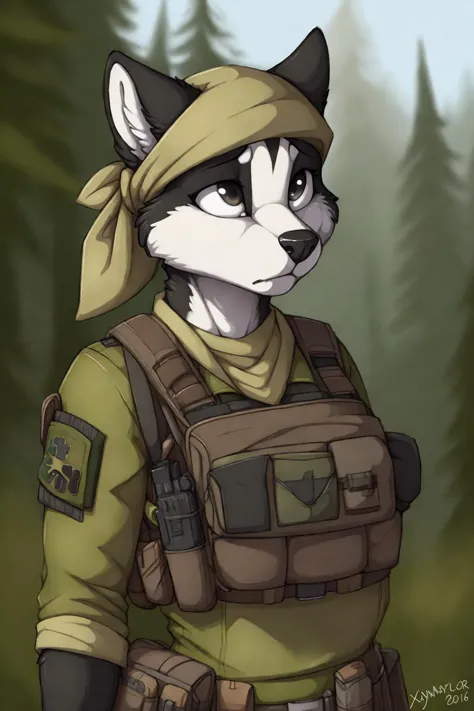 uploaded on e621, by Jay Naylor,  by Xenoforge, by honovy, waist up portrait, solo, anthro husky female, ((bandana)), tactical g...