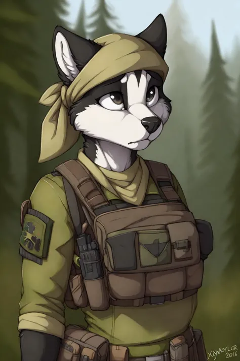 téléchargé sur e621, par Jay Naylor,  par xenoforge, par Honovy, portrait taille haute, seulement, femelle anthro husky, ((bandana)), Gants tactiques, (uniforme militaire, plate-forme de poitrine, gilet blindé, vêtements tactiques, camouflage), ((Médecin de combat PMC, patch médical)),  (tenir un pistolet à deux mains,) seulement, région sauvage, inquiet, Tarkov, B.ET.un.r. Opérateur PMC, UHD, HDR, 4k,  