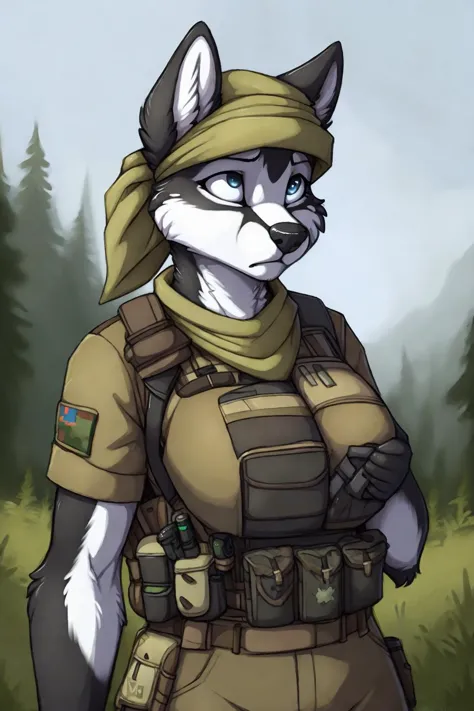 uploaded on e621, by Jay Naylor,  by Xenoforge, by honovy, waist up portrait, solo, anthro husky female, ((bandana)), tactical gloves, (military uniform, chest rig, armor vest, tactical clothing, camo), ((PMC combat medic, medic patch)),  (holding a pistol...