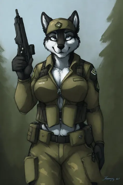 uploaded on e621, by Jay Naylor, by Xenoforge, by honovy, waist up portrait, solo, anthro husky female, tactical gloves, (military uniform, chest rig, armor vest, tactical clothing, camo), ((PMC combat medic, medic armband)),  (holding a pistol with both h...