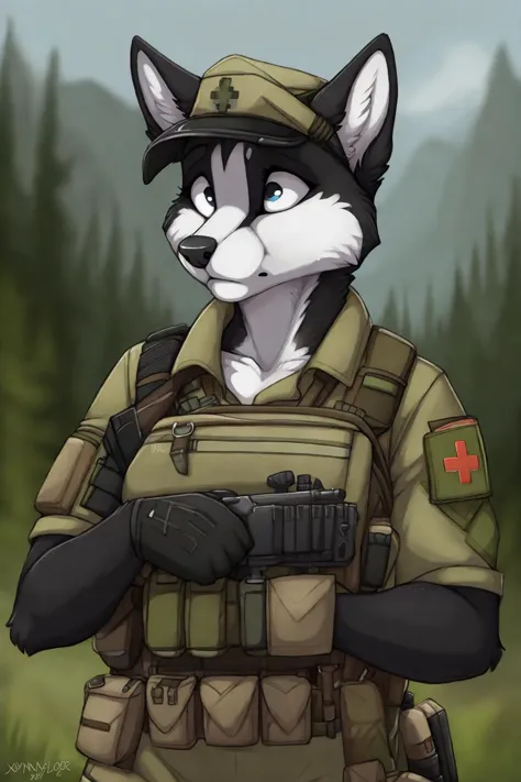 uploaded on e621, by Jay Naylor,  by Xenoforge, by honovy, waist up portrait, solo, anthro husky female, tactical gloves, (military uniform, chest rig, armor vest, tactical clothing, camo), ((PMC combat medic, medic patch)),  (holding a pistol with both ha...