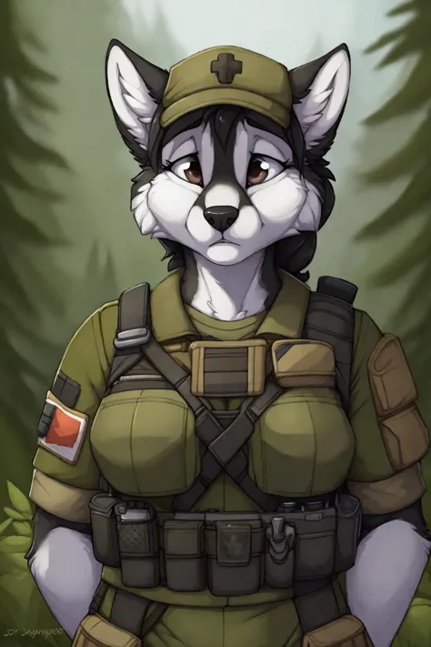 uploaded on e621, by Jay Naylor,  by Xenoforge, by honovy, waist up portrait, solo, anthro husky female, tactical gloves, (milit...