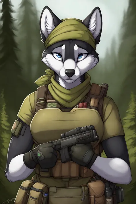 uploaded on e621, by Jay Naylor,  by Xenoforge, by honovy, waist up portrait, solo, anthro husky female, ((bandana)), tactical gloves, (military uniform, chest rig, armor vest, tactical clothing, camo), ((PMC combat medic, medic patch)),  (holding a pistol...