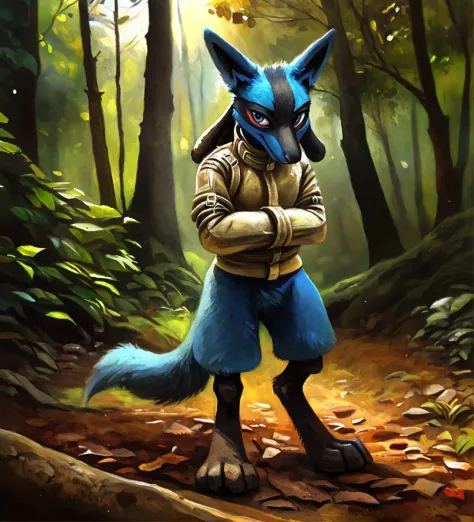 high quality photo, (full-length portrait of lucario wearing a straitjacket), looking at viewer, solo, forest, nature, detailed background, depth of field, by kenket