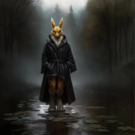 extremely detailed real world real life photograph of (renamon) wearing a black raincoat in the rain, promotional image, outdoors, standing in a room of mirrors, reflections, very dark, (solo, anthro, full-length portrait, detailed background, photorealism...