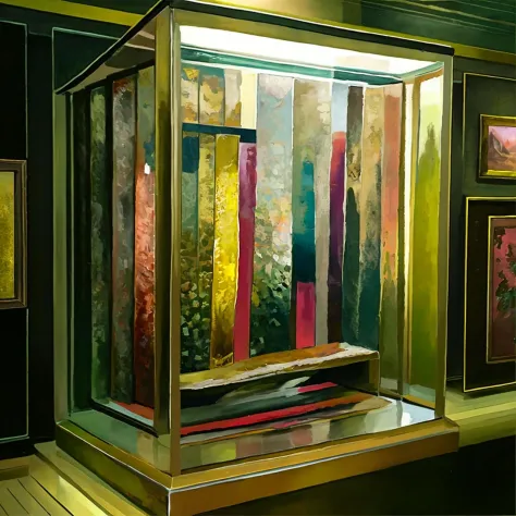 (photo:1.2) of an abstract painting trapped in a museum, glass case, detailed background