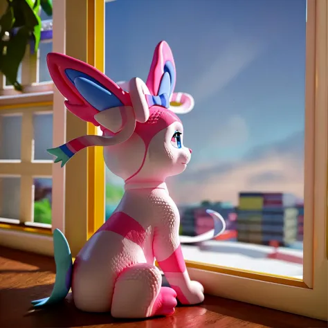 (3d lego figurine of a sylveon on the side of a window), feral, sitting, solo,  detailed background, depth of field