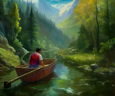 impressionist (oil painting:1.2) of a man on a boat, river, nature, detailed background