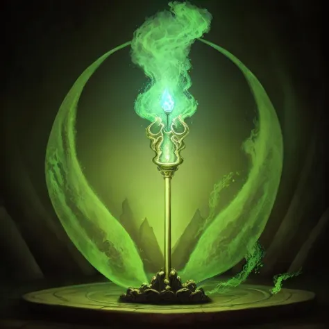 a torch with green ethereal flames, floating magic symbols, high res, detailed