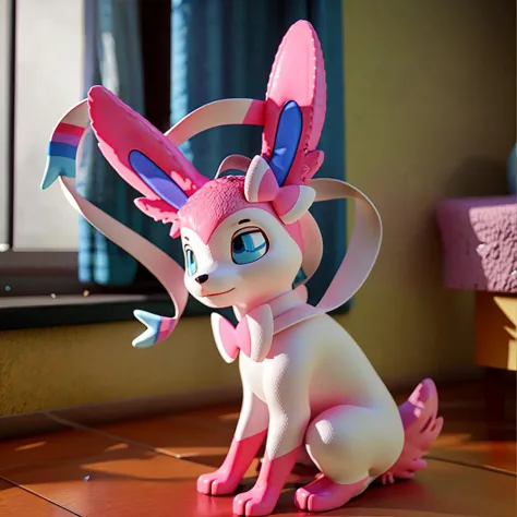 (3d lego figurine of a sylveon on the side of a window), feral, sitting, solo,  detailed background, depth of field