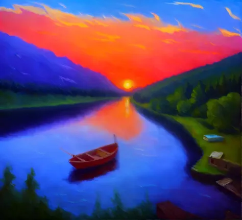 impresionista (pintura al óleo:1.2) de un barco en un río al atardecer, naturaleza, antecedentes detallados