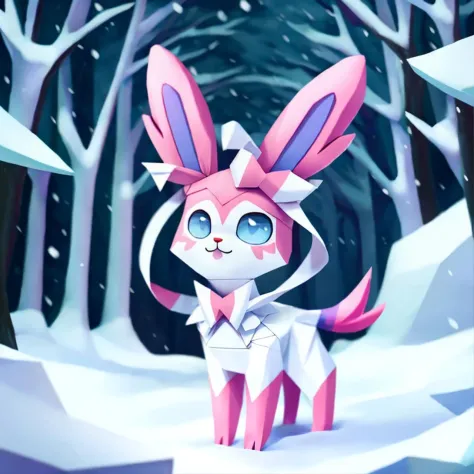 (intricate paper origami) of a sylveon in a snowy forest