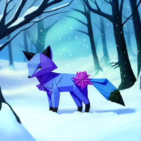 intricate origami of a fox in a snowy forest