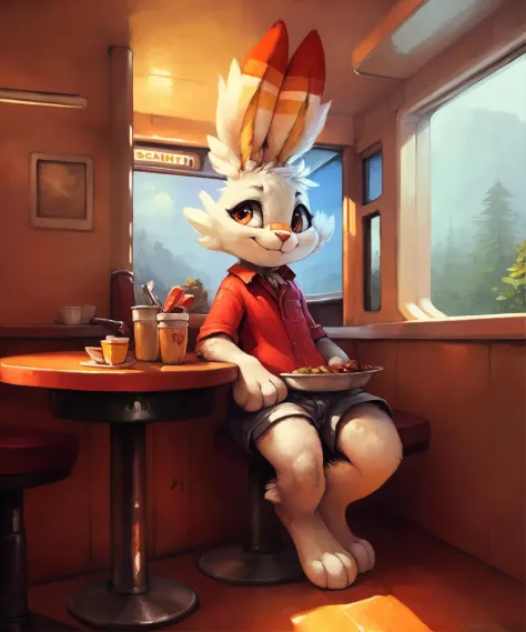 this image depicts a scorbunny wearing a casual outfit sitting in a diner, anthro, clothing, full-length portrait, looking at vi...