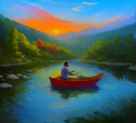 impressionist (oil painting) of a (man on a boat fishing) on a river at sunset, solo, nature, detailed background