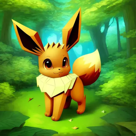 intricate paper origami of an eevee in a forest, detailed background