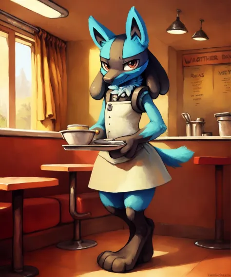 this image depicts a lucario wearing a (waiters uniform) standing in a diner, anthro, clothing, full-length portrait, looking at viewer, solo, 

inside, detailed background, by kenket, by plattyneko, 

extremely detailed, detailed shading, volumetric light...
