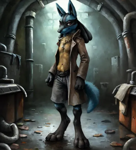 realistic detailed hd photograph of (lucario) wearing a (grey trench coat) in the sewers, standing, looking at viewer, solo, ful...