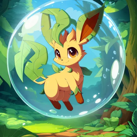 this image depicts a feral (leafeon) floating in the air in a (bubble), looking at viewer, paws, solo, 

nature, detailed background, by plattyneko, by fuf, 

extremely detailed, detailed shading, volumetric lighting, natural light, FujiFilm XT3
