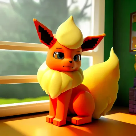 (photo of a smooth 3d lego figurine of a flareon on the side of a window), feral, sitting, solo, inside, nature, detailed background, depth of field