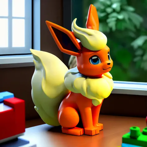 (photo of a smooth 3d lego figurine of a flareon on the side of a window), feral, sitting, solo, inside, nature, detailed background, depth of field