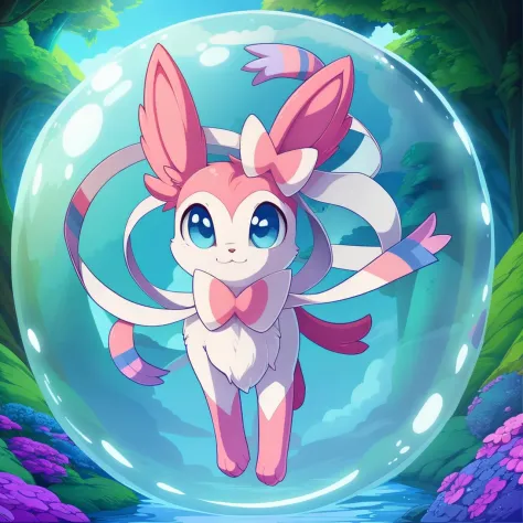 this image depicts a feral (leafeon) floating in the air in a (bubble), looking at viewer, paws, solo, 

nature, detailed backgr...