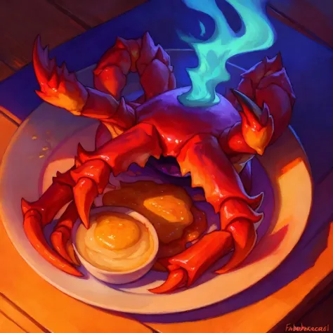 masterpiece, (by fabercastel),   HDR, anime, cooked alien crab legs with tartar sauce on a plate, steaming hot food, sunset lighting, tasty, yummy, colorful, uhd, 4k, close up, food shot, food focus, high angle view