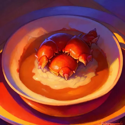masterpiece, (by fabercastel),   HDR, anime, boiled alien crab dish with tartar sauce a plate, steaming hot food, sunset lighting, tasty, yummy, colorful, uhd, 4k, close up, food shot, food focus, high angle view