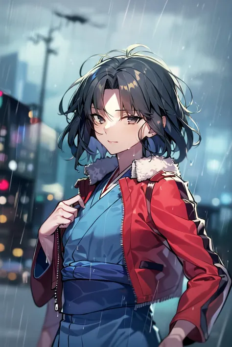 ((masterpiece,best quality, detailed)), 1girl, solo, outdoors, night, night sky, ryougi shiki, red jacket, obi, blue kimono, rain