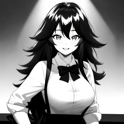 anime girl with long black hair and bow tie posing for a picture