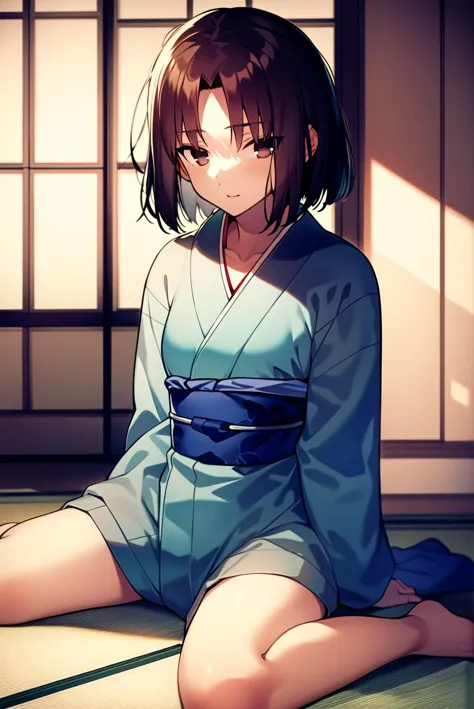 ((masterpiece,best quality, detailed)), 1girl, solo, indoors, tatami, wariza, full body, barefoot, ryougi shiki, obi, blue kimono