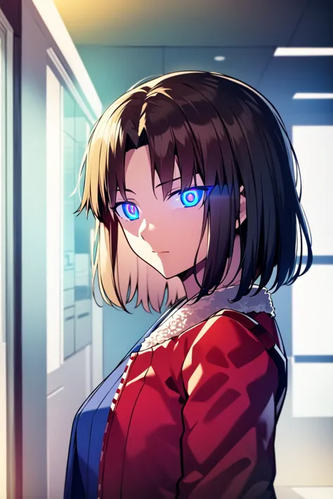 anime girl with blue eyes looking at camera in hallway