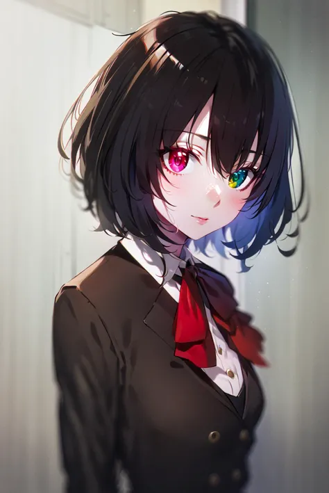 anime girl with black hair and red tie standing in front of a door