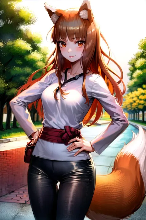 <lora:holo:0.8>, (holo:1.5), (holoGreyShirt:1.5), masterpiece, best quality, absurdres, 1girl, looking at viewer, standing, cowb...