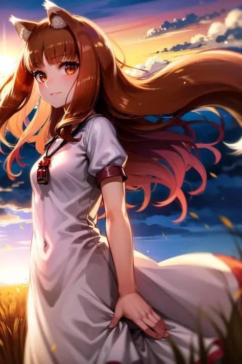 <lora:holo:0.6>, (holo:1.5), (holoBrownDress:1.5), masterpiece, best quality, absurdres, 1girl, looking at viewer, standing, upper body, outdoors, floating hair, wind, sunset, field, wheat, lens flare, close-up