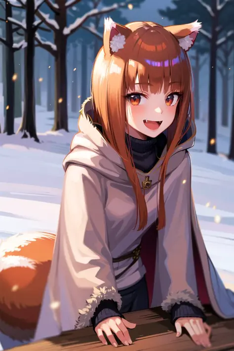 <lora:holo:0.6>, (holo:1.5), (holoCoat:1.5), masterpiece, best quality, absurdres, 1girl, looking at viewer, standing, upper body, leaning forward, outdoors, forest, snow, fur-trimmed jacket, pouch, sash, open mouth, fang, smile