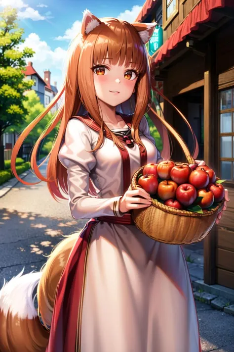 <lora:holo:0.6>, (holo:1.5), (holoBrownDress:1.5), masterpiece, best quality, absurdres, 1girl, looking at viewer, standing, cowboy shot, outdoors, medieval, cobblestone street, town, apple, fruit, (skirt basket:1.5)