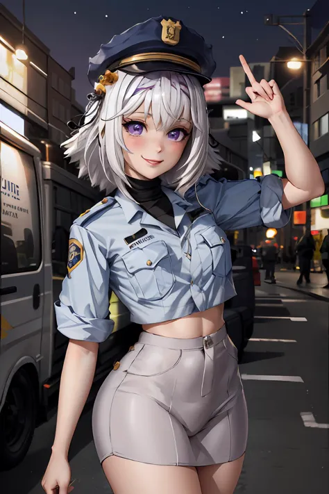 anime girl in uniform posing in the middle of the street