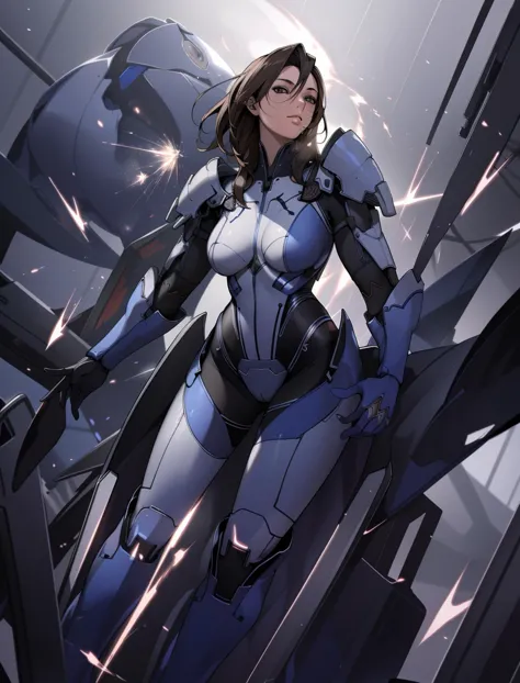 a woman in a futuristic suit standing in front of a sci - fiction scene