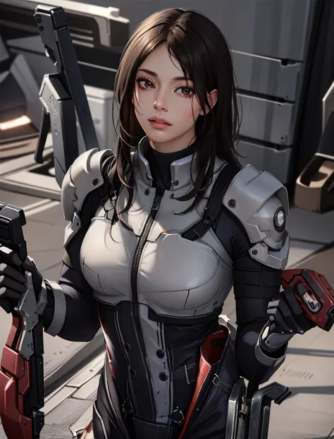 a woman in a futuristic suit holding a gun and a gun