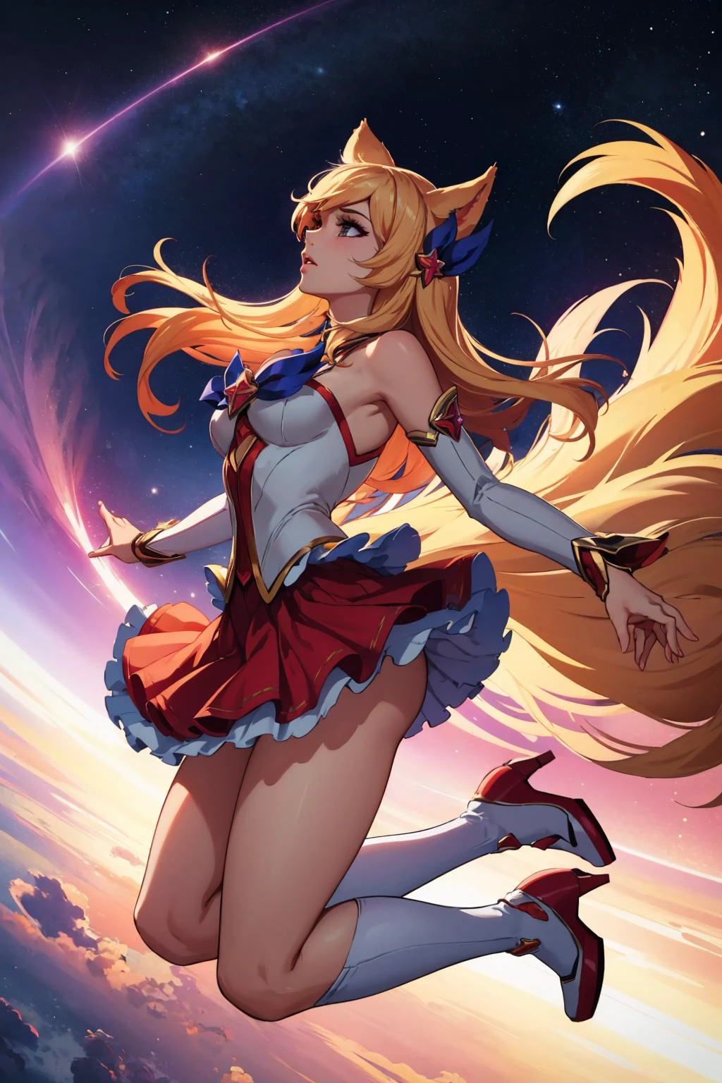 masterpiece, best quality,  star guardian ahri, 1girl, animal ears, hair ornament, detached sleeves, bare shoulders, skirt, magical girl, multiple tails, (jumping:1.4), from side, outer space, abstract background, furrowed brow