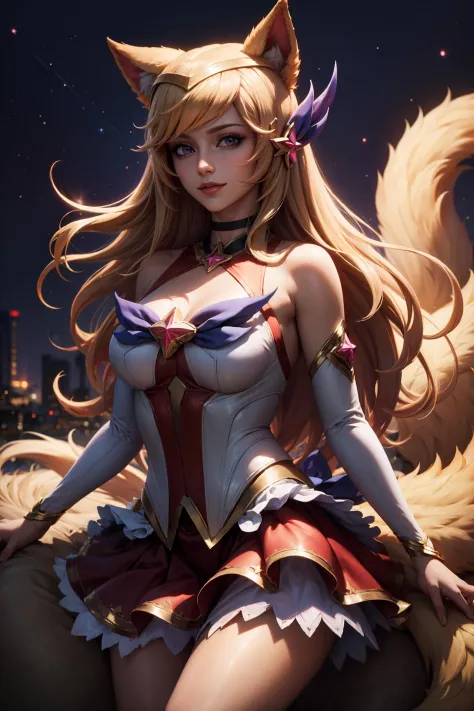 (masterpiece, best quality:1.2), intricate details,  <lora:GoodHands-beta2:1>, <lora:lol_star_guardian_ahriV4-000010:1>, star guardian ahri, 1girl, animal ears, hair ornament, detached sleeves, bare shoulders, skirt, magical girl, multiple tails, blonde ha...
