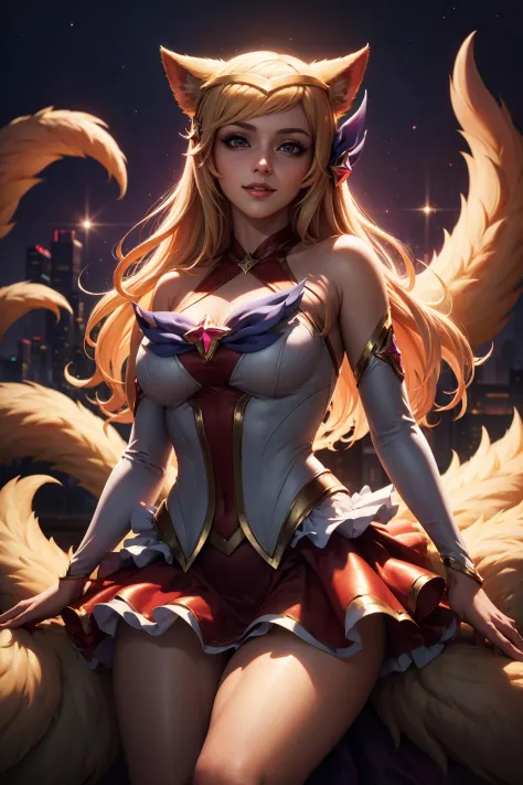 (masterpiece, best quality:1.2), intricate details,  <lora:GoodHands-beta2:1>, <lora:lol_star_guardian_ahriV4-000010:1>, star guardian ahri, 1girl, animal ears, hair ornament, detached sleeves, bare shoulders, skirt, magical girl, multiple tails, blonde ha...