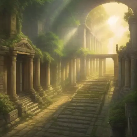 ancient city, vegetation, hope, gentle light shines through, dawn, anime style, oil painting, high definition, lots of details, ...