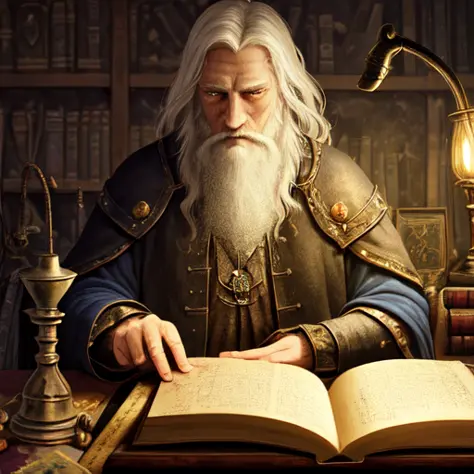 very old wizard, alchemy, looking at book, old medieval painting, smoke, lots of detail, cluttered room, lamp, dark room, detail...