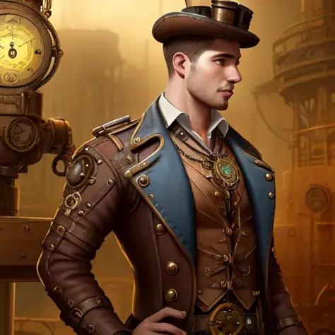 steampunk engineer, machinery background, cinematic lighting, upper torso and face shot, side photo, photorealistic, tools belt,